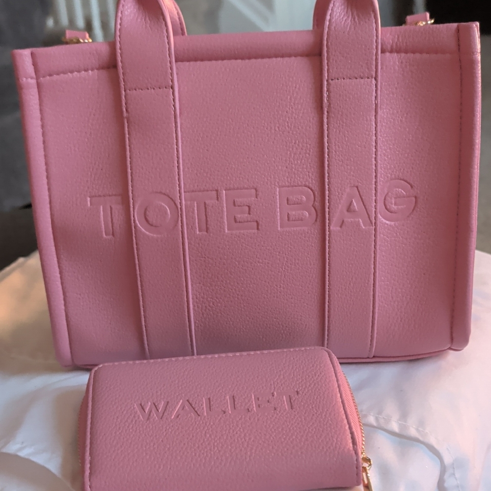 Pink Structured Tote Bag with Matching Wallet